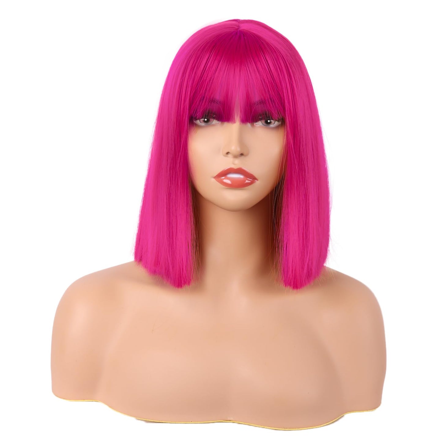 MapofBeauty 12 Inch/30 cm Straight Bob Flat Bangs Short Colorful Synthetic Hair Cosplay Party Wig (Hot Pink)