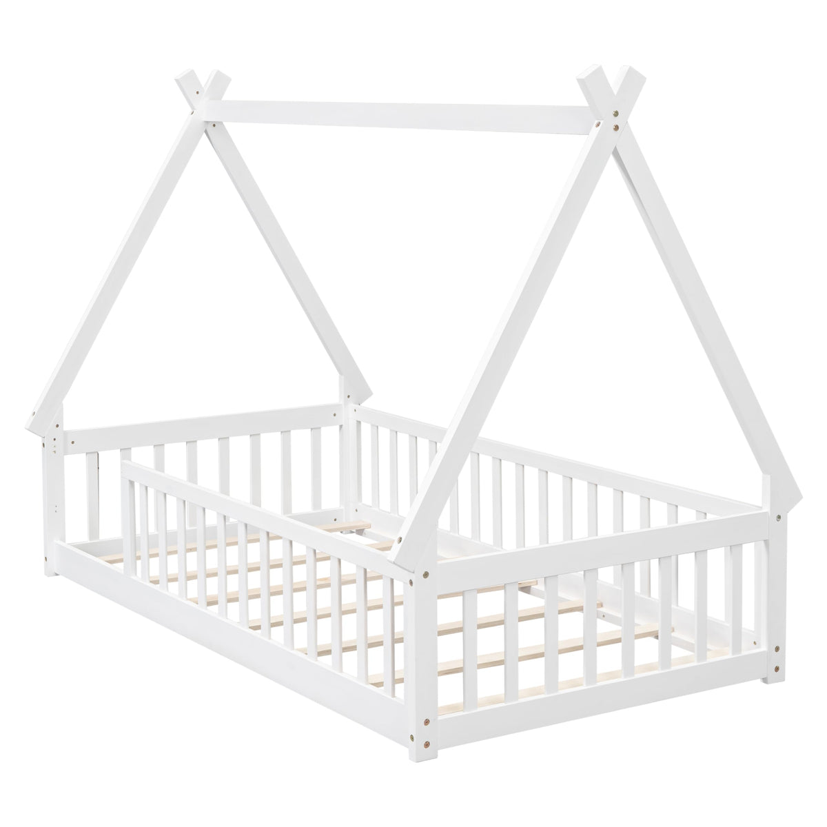 Wekuku Twin Tent Shaped Floor Bed for Kids – Teepee with Guardrails Slats, White Wooden Playhouse Bed for Bedroom, Montessori Inspired Design