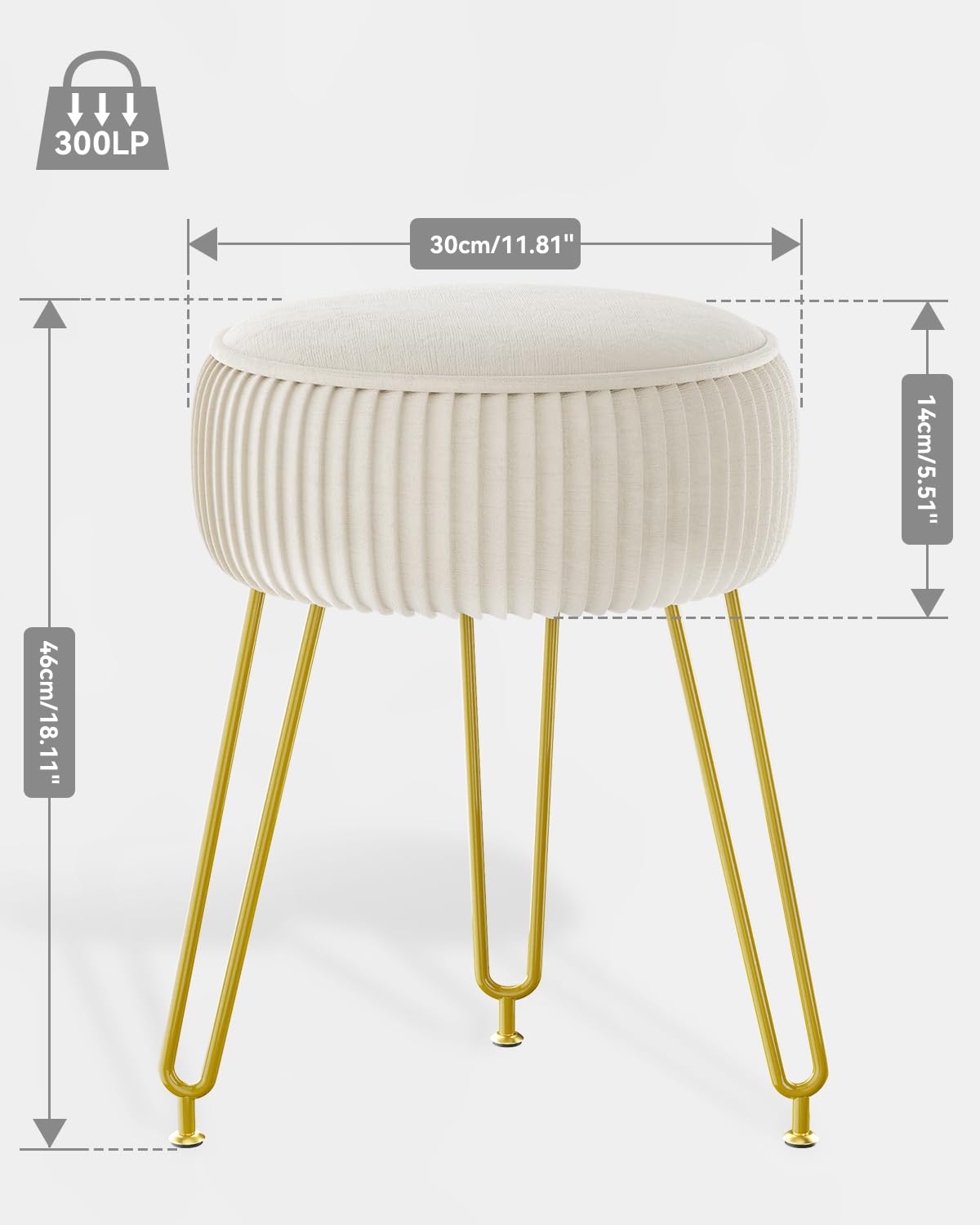 IBUYKE Velvet Round Footrest Stool Ottoman, Makeup Vanity Stool Side Table, Velvet Dressing Table Seat, Pouf Couch Stool, Golden Steel Legs, Creamy-White LG-30M