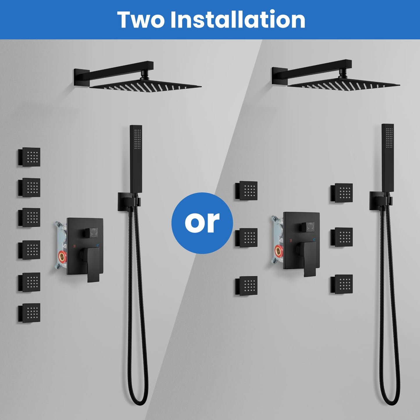 gotonovo Shower Faucet with Full Body Jets Rain Mixer 12 inch Rainfall Shower Head and Handheld Spray Combo Wall Mounted Rough-in Valve and Trim Included with 6pcs Body Message Jets Matte Black