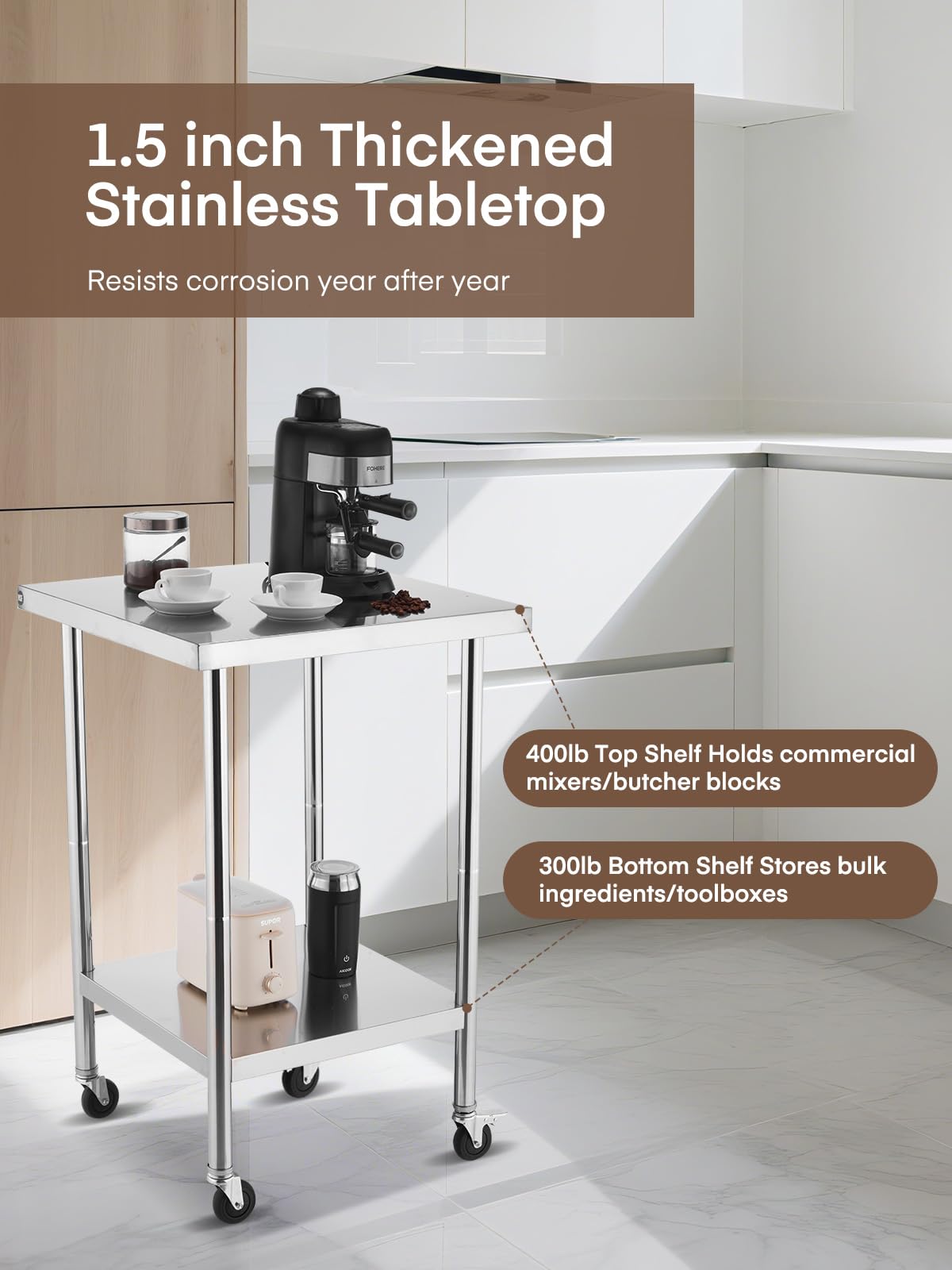 FOHERE Stainless Steel Table, Prep Table W/4 Caster Wheels, 400 LBS Load Capacity，NSF Commercial for Restaurant, Home and Hotel (24×24 in)