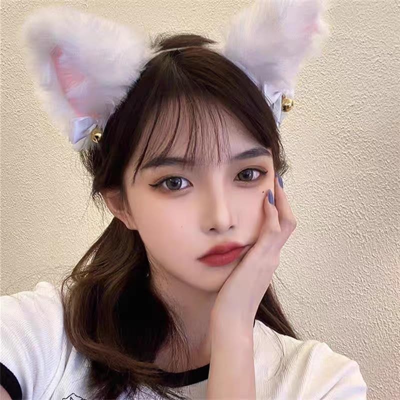 YOVECATHOU Light Up Headband Cat Ears With Bell Furry Headband Rave Accessories For Women Girls Valentine's Day Party Costume