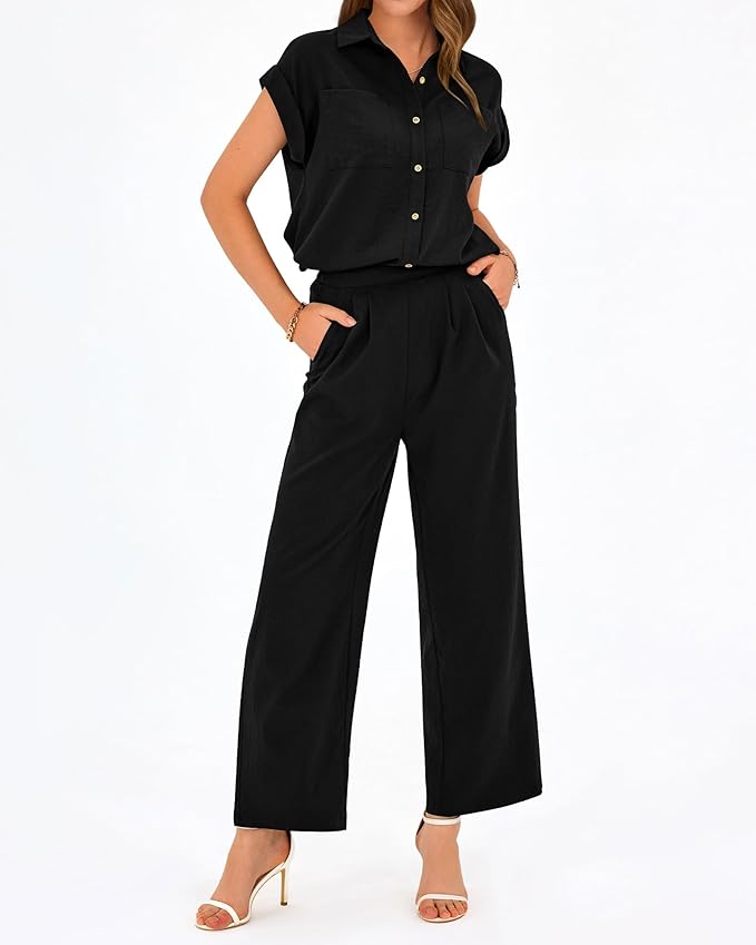 PRETTYGARDEN Womens 2 Piece sets Summer Cap Sleeve Tops Palazzo Pants Dressy Casual Vacation Travel Outfits Tracksuits