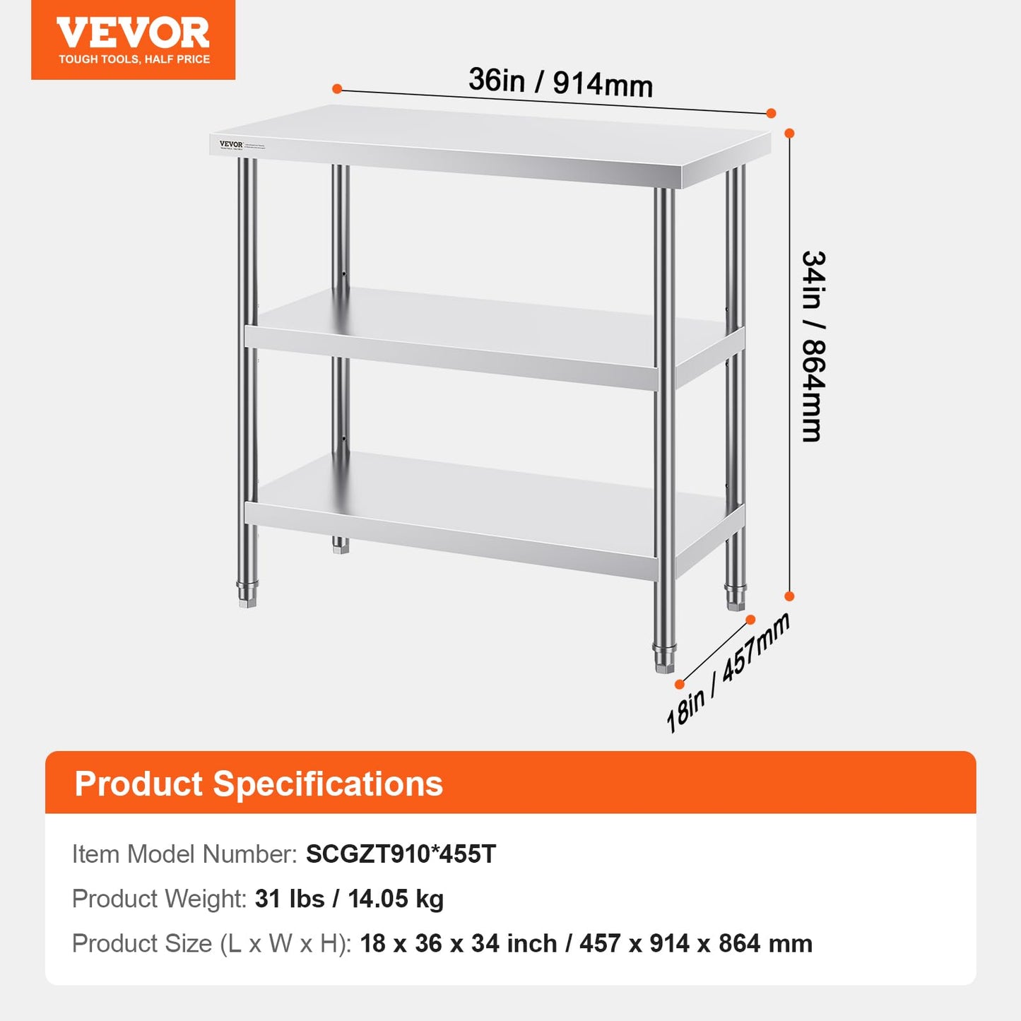 VEVOR Stainless Steel Food Prep Table, 18 x 36 x 34 Inch Commercial Kitchen Worktable, with 2 Adjustable Undershelf, Heavy Duty Prep Metal Work Table for BBQ, Kitchen, Home, and Garage