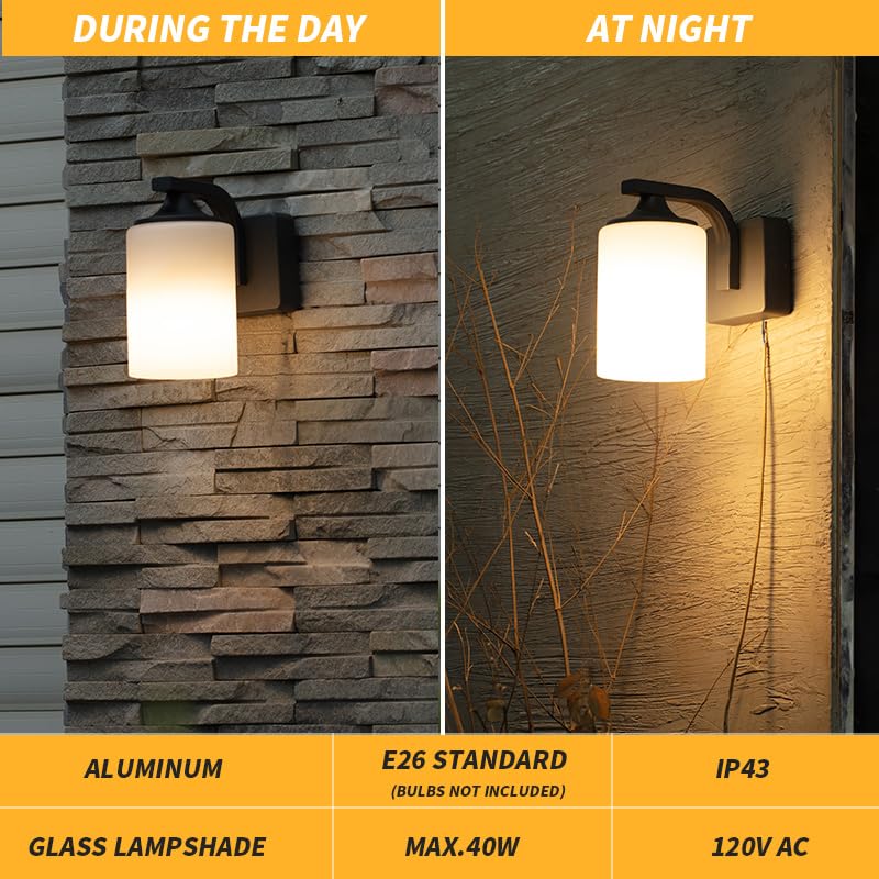 Dandray Outdoor Wall Mounted Lighting with Milk Glass Modern Exterior Aluminium Light Fixture Waterproof Matt Black Outside Lamp for Balcony Garage, Doorway House Porch Garage