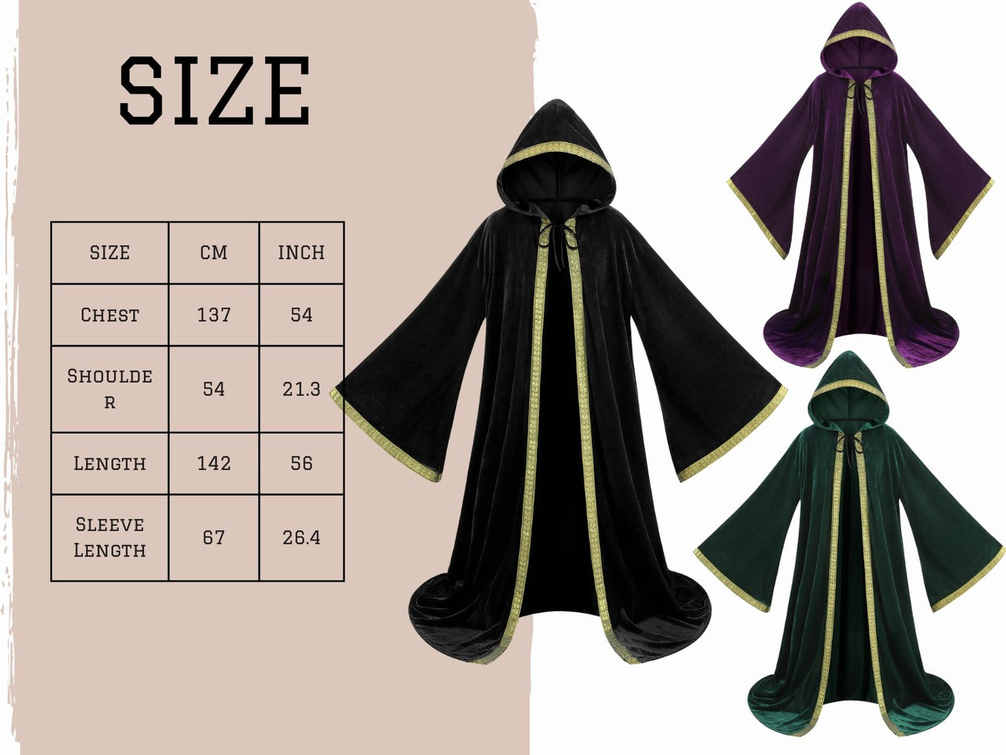 AGCOAH Wizard Costume Cloak with Hood Men Wizard Robe Wizard Cloak Krampus Robe Fancy Robe Cosplay (Black-55inch)