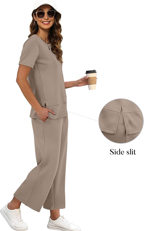 XIEERDUO Women's Side Slit Lounge Sets 2026 Fashion 2 Piece Travel Outfits Cozy Loungewear Wide Leg Tracksuits S-3XL