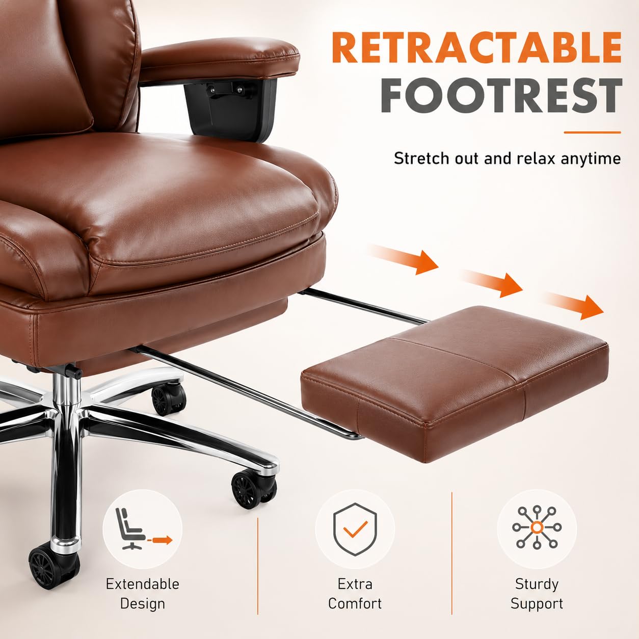 Big and Tall Ergonomic Office Chair with Footrest, Executive High Back PU Leather Desk Chair, Reclining Computer Chair with Adjustable Lumbar Support and Armrests, Swivel Rolling Gaming Chair, Brown