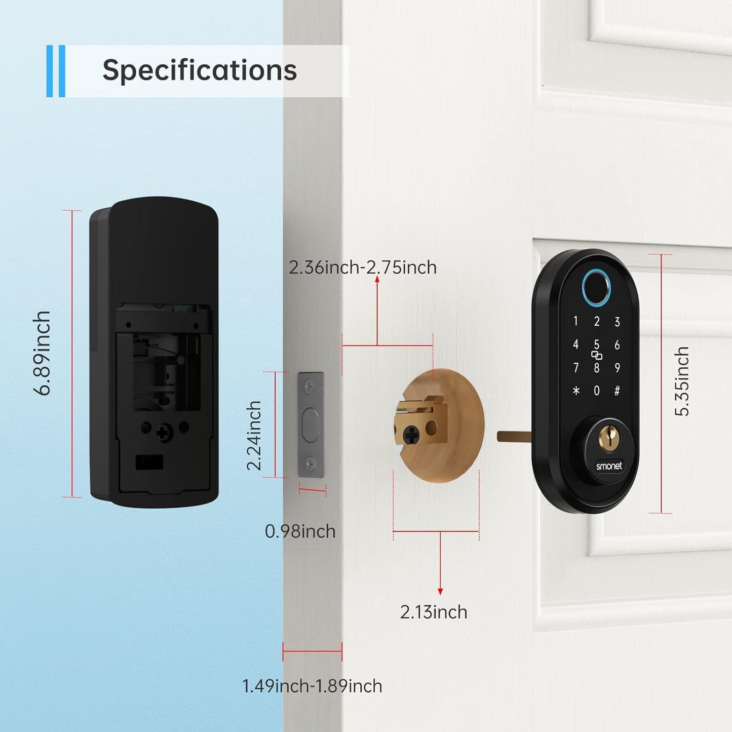 SMONET Front Door Lock Set with Handle, Smart Fingerprint Keyless Entry Door Lock, Deadbolt with App Control, Touchscreen Keypad for Home Airbnb Apartment