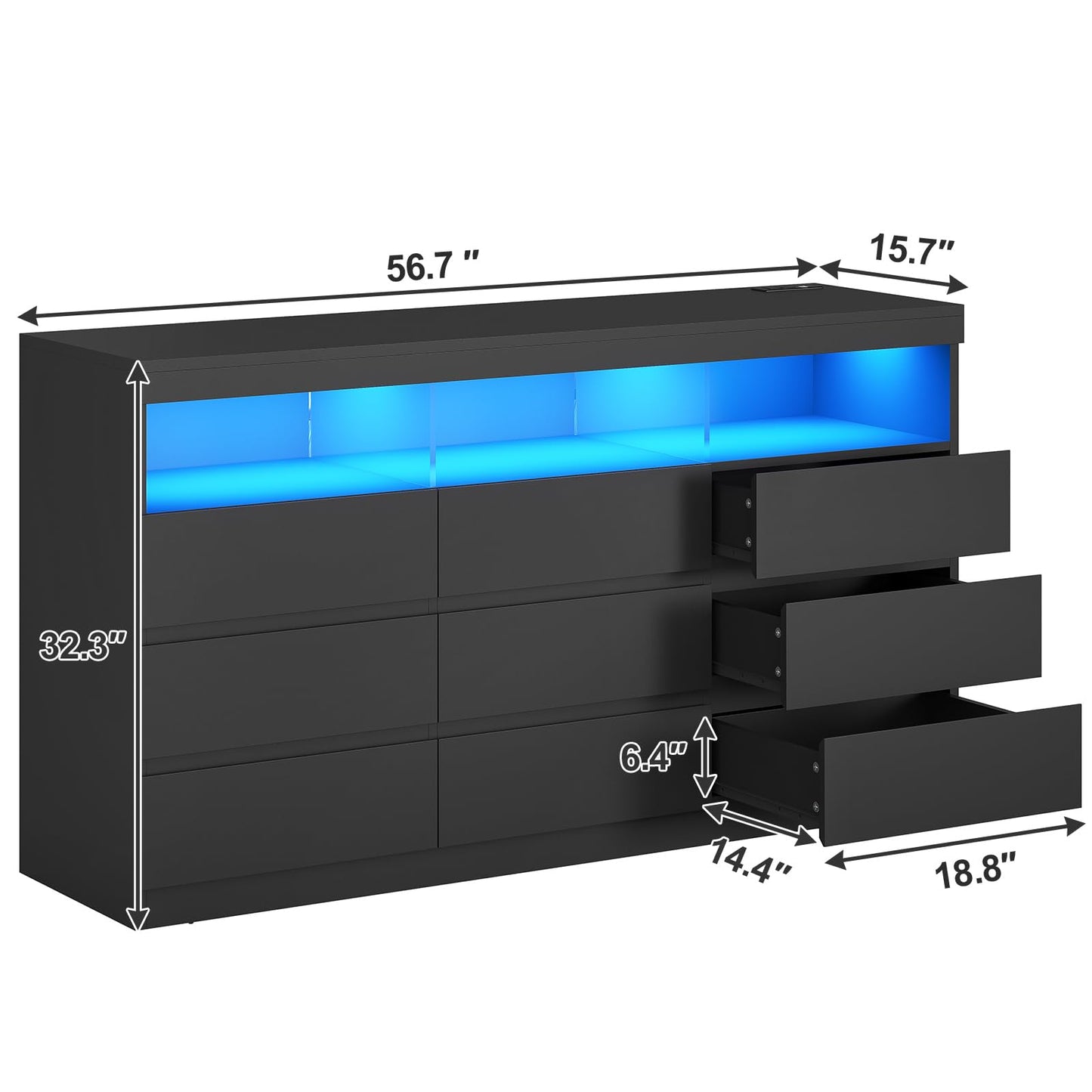 BTHFST 9 Drawer Dresser Chest of Drawers with RGB Lights, Power Outlet & Open Shelves, 56.7" W Wood Bedroom Dresser, No-Handle for Living Room Entryway, Black