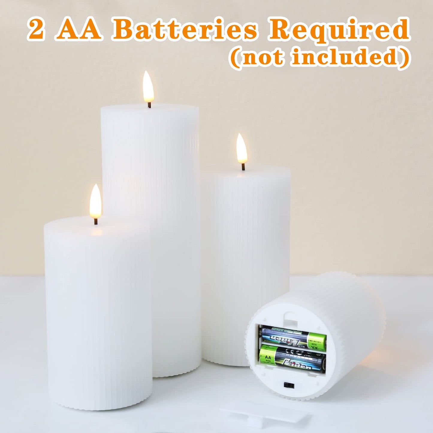 Girimax White Ribbed Flameless Pillar Candles with Remote, Flat Top Flickering LED Wax Battery Candles Set of 4, Φ 3" H 4" 5" 6" 8"