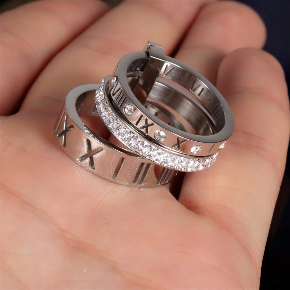 Jarlinwel Stainless Steel CZ Zirconia Roman Numeral Ring For Women Stacking Thumb 3 in 1 Spinner Rings (Silver, 7 Runs small)