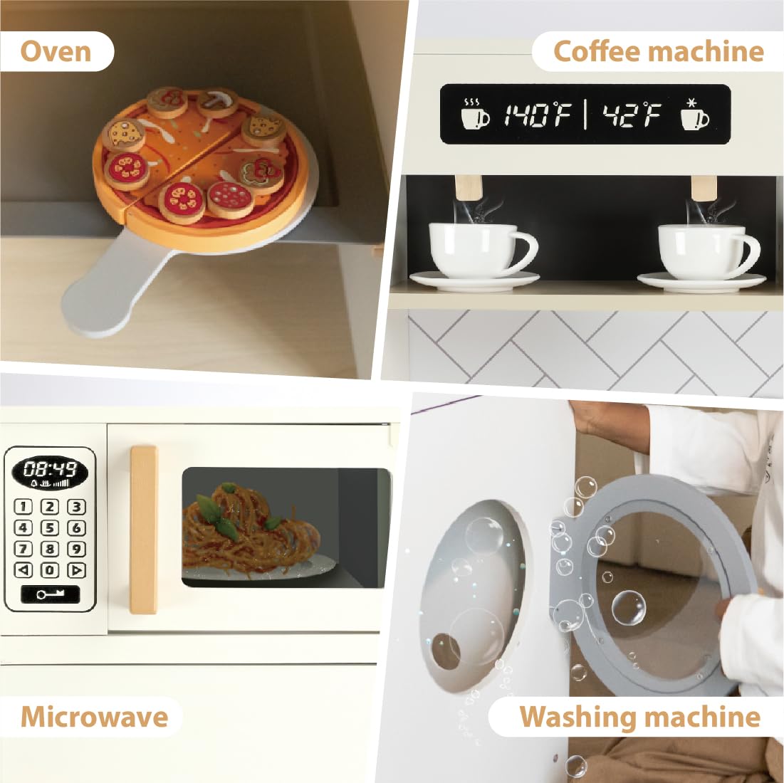 Freniland Wooden Play Kitchen Kids Kitchen Playset with Real Light & Sound Realistic Ice Maker Stove Oven Chef Pretend Toy Kitchen Include 31 Accessories Kids Toy Gift for Child Ages 3+ Toy Furniture