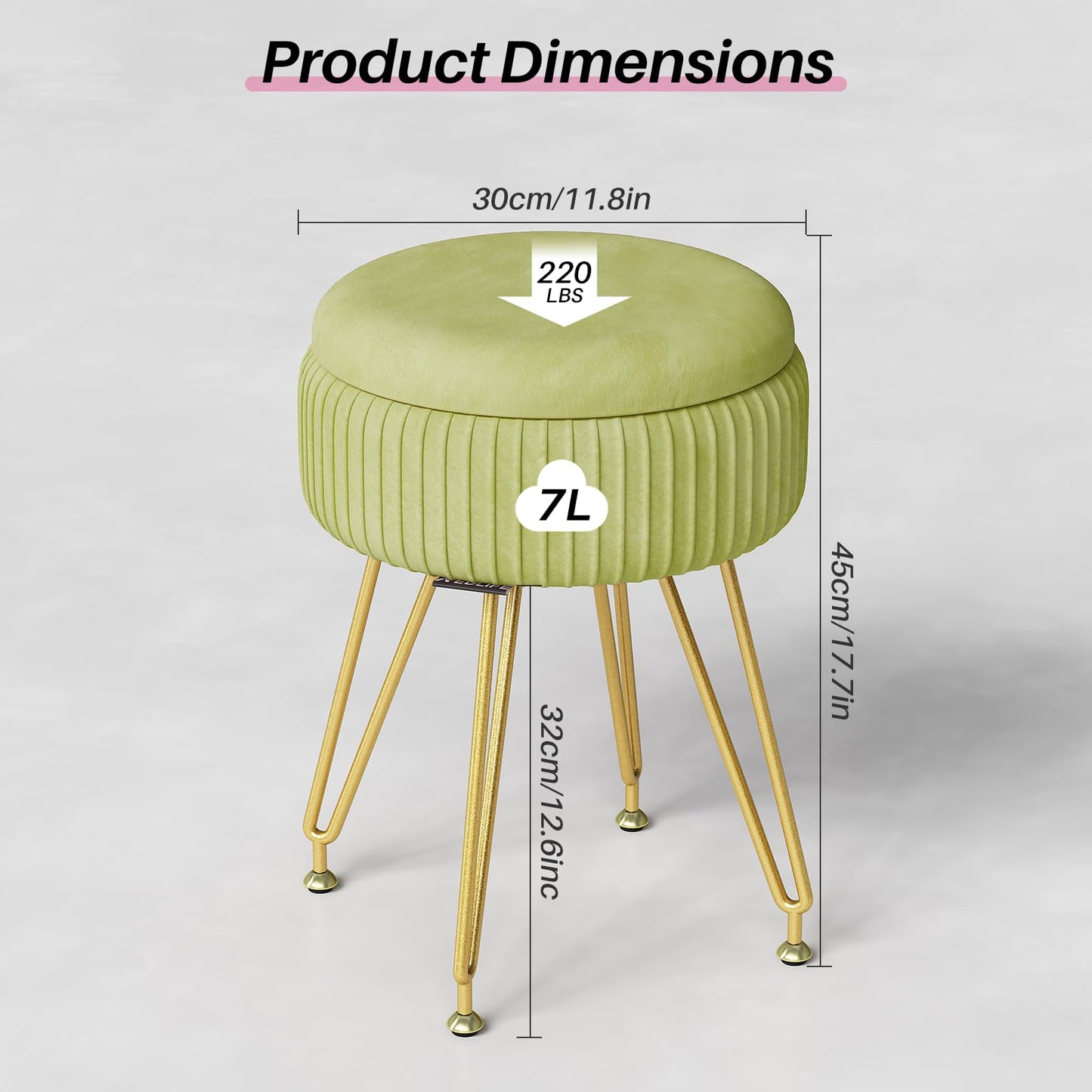 Redlife Vanity Stool with Storage, Round Makeup Vanity Stool with 4 Gold Legs Small Velvet Make Up Chair Multifunctional Storage Ottoman Stools for Makeup Room Bedroom (Light Green)