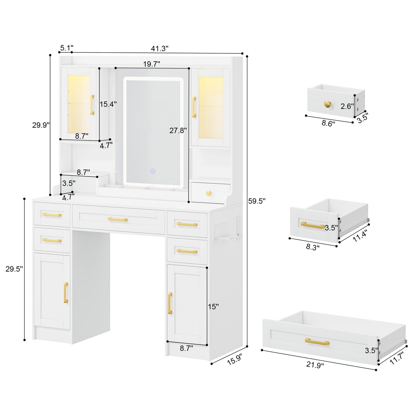 NUNU LAB Large Vanity Desk with Mirror and Lights - 7 Drawers & 4 Cabinets Extra Storage Capacity, Makeup Vanity Table with 3-Color Adjustable LED for Bedroom (043 No Bench, 42.1 * 15.75 * 57.7in)
