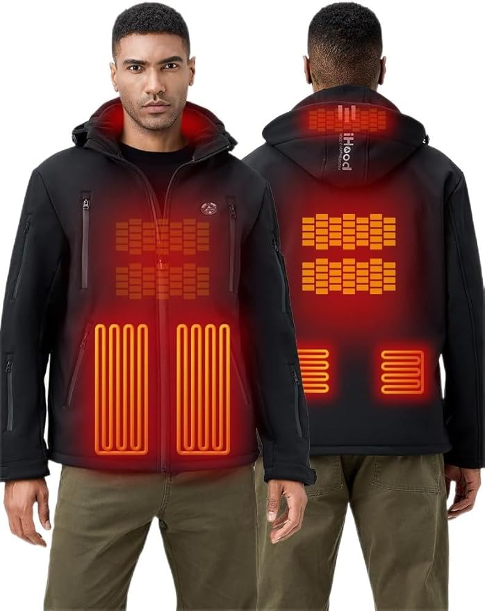 Men's Heated Jacket with Detachable Hood, Waterproof Winter Outdoor Coat Electric Insulated jackets with Battery Pack