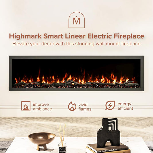 Modern Ember Highmark 72 Inch Smart Linear Electric Fireplace - Premium Flame with 10 Colors, Sleek Hidden Vent Design, Install Recessed in-Wall or Wall-Mount, WiFi Enabled.