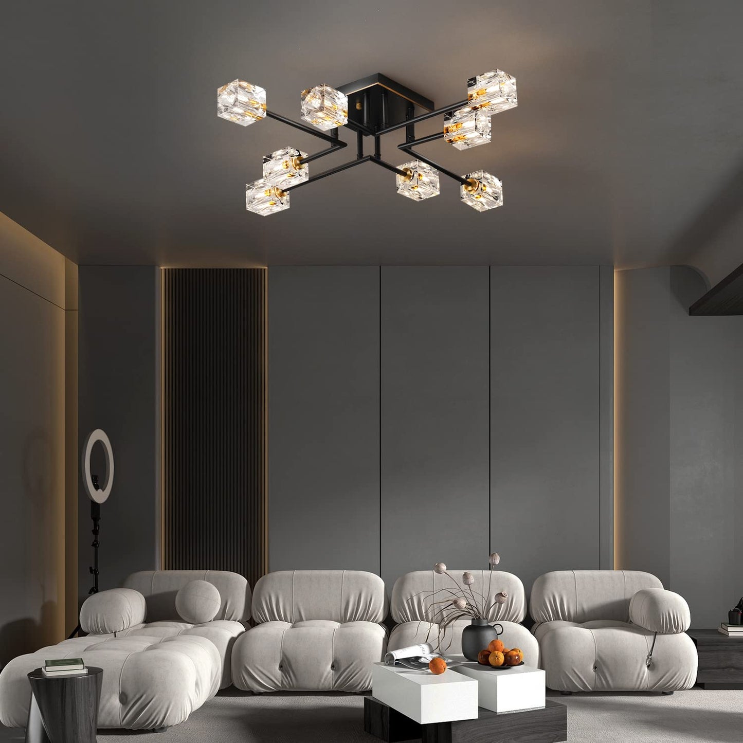 OKES 8-Lights Semi Flush Mount Ceiling Light Fixture,Black and Gold Modern Crystal Chandeliers,Farmhouse Lighting Fixtures for Dining Room Living Room Kitchen Bedroom Entryway