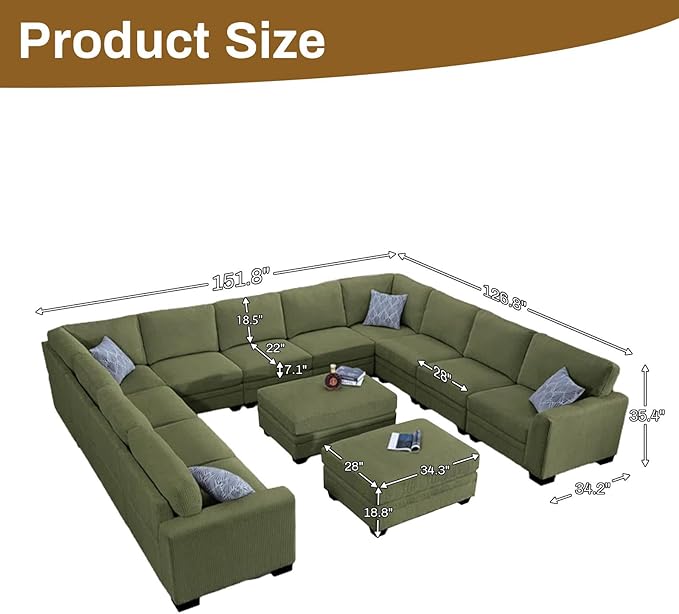 Legend Vansen Oversized Modular Sectional Sofa,8 Seat U Shaped Couch with Ottoman,Corduroy Sofa with Deep Seat,Convertible Large Sectional Couches for Living Room (Olive, U-13)