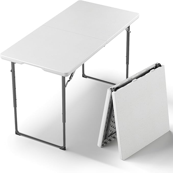 Folding Table, 4FT Foldable Picnic Table with Adjustable Height, Heavy Duty Fold-in-Half Portable Table for Weddings, Camp...