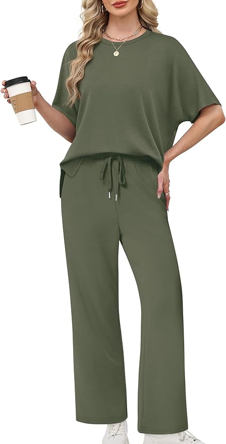 XIEERDUO Women's Side Slit Lounge Sets 2 Piece Travel Outfits Airport Tracksuit Oversized Wide Leg Loungewear S-3XL
