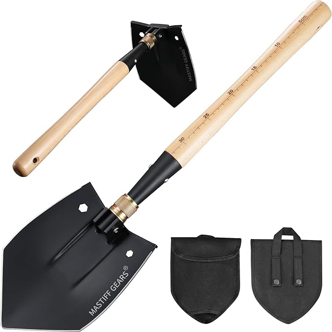 MASTIFF GEARS WWII M38 Military Style Folding Shovel - 1050 Steel, Nordic Beechwood Handle, Axe/Hammer, MOLLE Sheath for C...