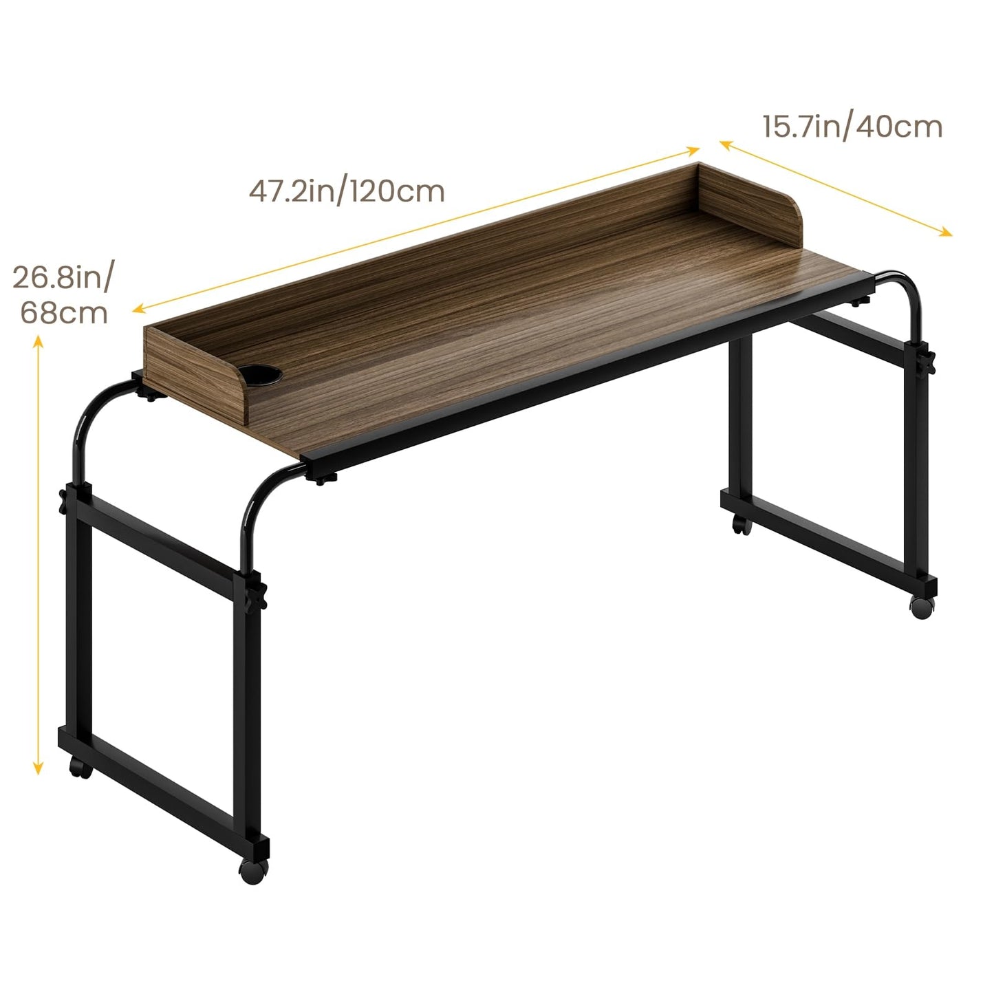 Rodiuiu Overbed Table with Wheels 40cm Height Adjustable Over Bed Desk King Queen Bed Table Laptop Table with Wheels 120 cm for Bedroom Living Room Home Office