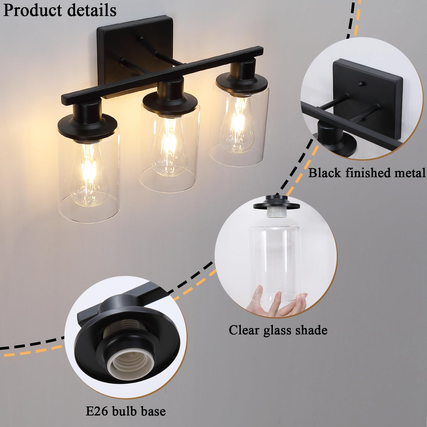 Litaddscen Matte Black Bathroom Light Fixtures Over Mirror,3-Light Bathroom Vanity Light with Clear Glass Shade,Modern Farmhouse Wall Sconces Lighting for Mirror Kitchen Living Room Cabinet