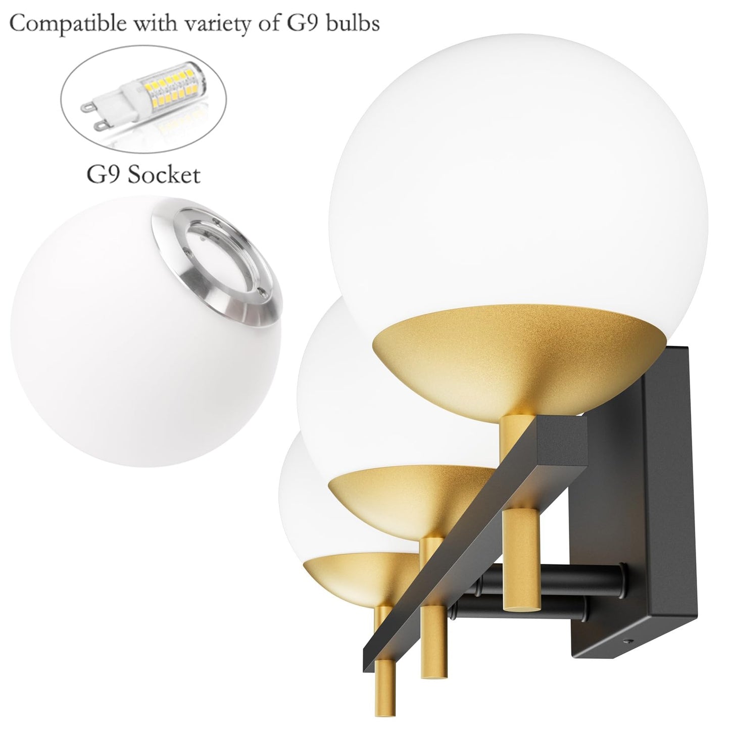 Ralbay Mid Century Modern Vanity Lights 3-Light Milky Glass Over Mirror, Black/Golden Wall Light Fixture for Bathroom (Exclude Bulb)