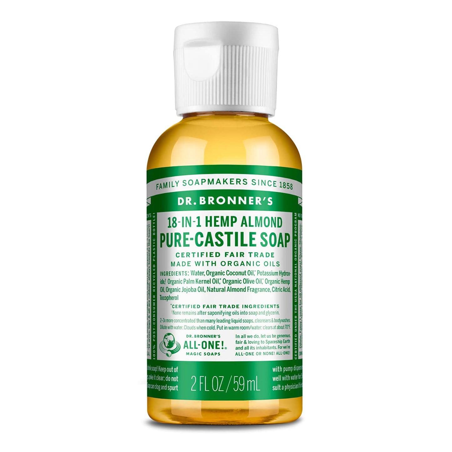 Dr. Bronner 's - Pure-Castile Liquid Soap (Almond, Travel Size, 2 ounce) - Made with Organic Oils, 18-in-1 Uses: Face, Body, Hai