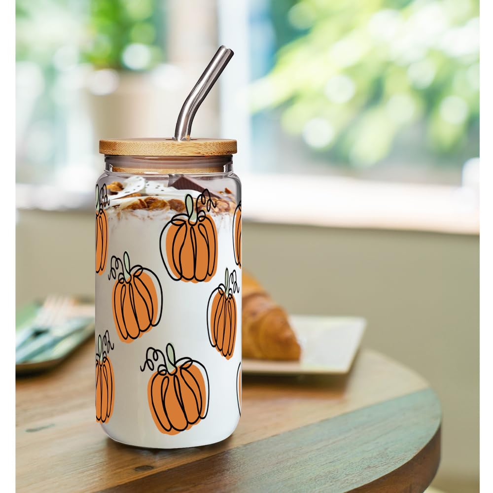 Fall Pumpkin Cup 16oz Glass Cups with Lids and Straws Halloween Iced Coffee Tumbler Gift for Friend and Her, Thanksgiving Tumbler Mug, Fall Gifts, Halloween Pumpkin Gifts for Women Best Friend Bestie