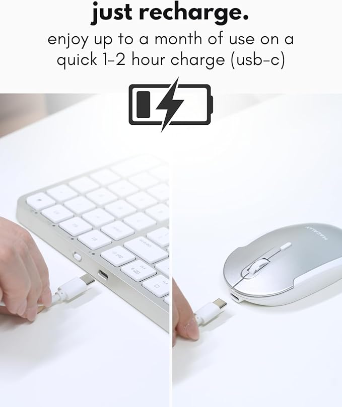 Macally Bluetooth Mac Keyboard and Mouse (Compact, Multi Device, Rechargeable) - Wireless Apple Keyboard and Mouse Combo - for Mac mini/Studio, MacBook Pro/Air, iMac, iPad, iPhone - Silver