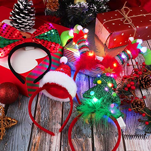Elcoho 6 Pack Christmas LED Headbands Holiday Light Up Costume Headband Reindeer Christmas Bow Elf Costumes Hair Bands for...