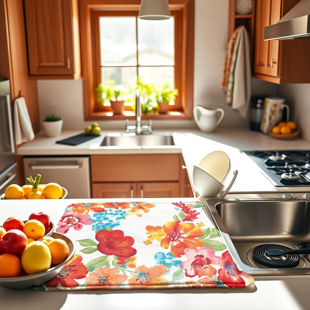 Small Red Floral Dish Drying Mat for Kitchen Counter 16''x18''Microfiber Absorbent - Foldable, Quick-Dry, Non-Slip, Compact Kitchen Drying Mats for Dishes, Countertops, and Cookware