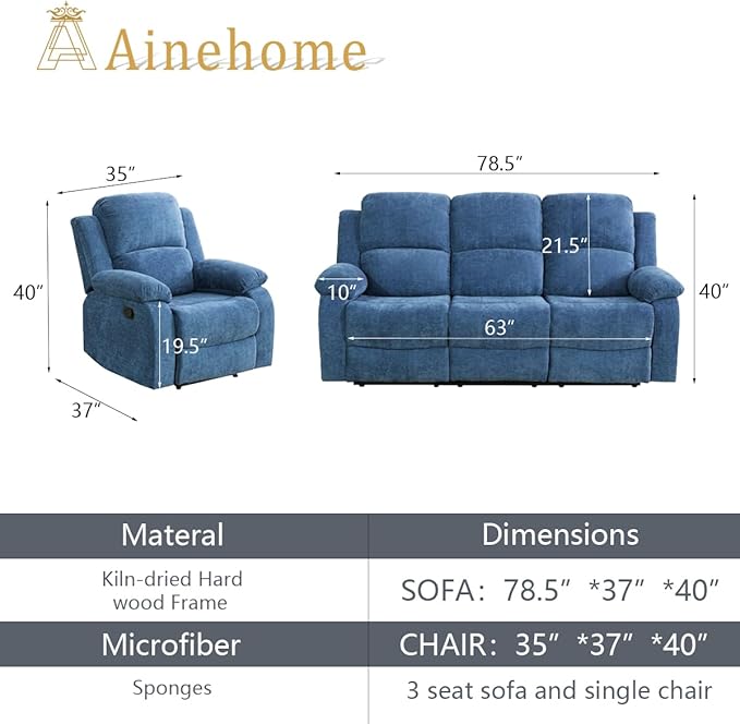 A Ainehome Living Room Furniture Set Blue Microfiber Recliner Sofa Set Loveseat Chair Furniture Sofa Set for Living Room/Rv/House/Office/Theater Seating (A-Blue Microfiber, Sofa+Chair)
