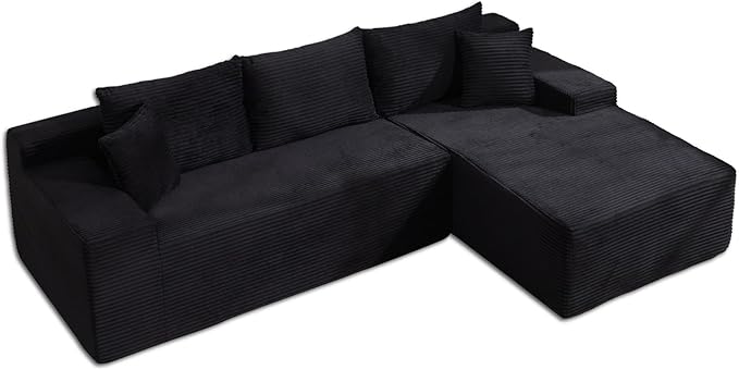 105’’ L-Shape Modular Sectional Sofa with Chaise, Convertible Cloud Couch, Corduroy Fabric & High-Density Memory Foam, No Assembly Required for Living Room (Black, Right Facing Chaise)