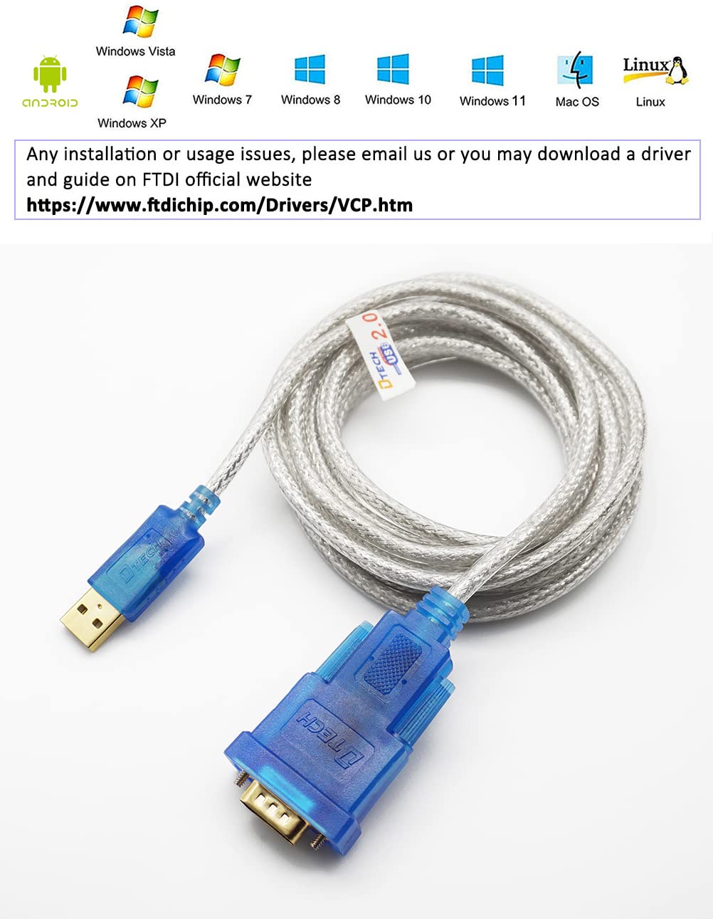 Dtech Usb To Serial Adapter Cable With Rs232 Db9 Male Port Ftdi Chipset Supports Windows 10 8 7 And Mac Linux - 4 Feet