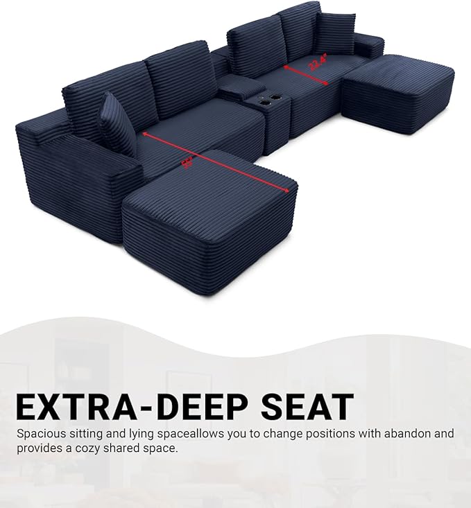 150" Oversized Modular Sectional Sofa,Deep Seat Cloud Corduroy Boneless Couch with Cup Holders,USB Ports, Wireless Charging & Storage Box,Upholstered Modular Sleeper Sofa for Living Room (Blue)
