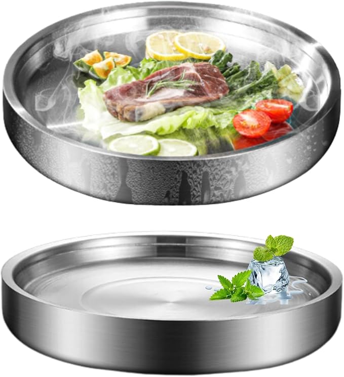 2Pcs 11in Stainless Steel Ice Chilled Serving Trays,Iced Chilled Party Platters, Appetizer Cold Serving Tray, Cooling Shri...