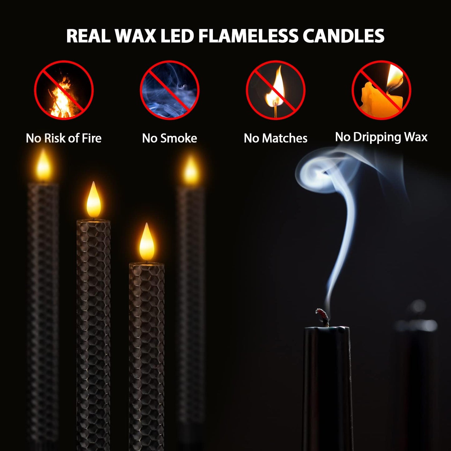 SoulBay Black Flameless Taper Candles, 9.7" Battery Operated Real Wax Honeycomb LED Window Candle Sticks with Remote & Timer, Flickering Realistic Bright Lights for Table Halloween Decorations, 6PCS