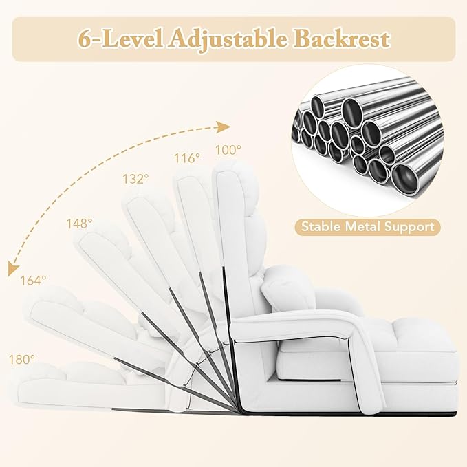 KOMFOTT Foldable Floor Lazy Sofa Chair, Indoor Chaise Lounge Chair with 6 Positions Adjustable Backrest, Detachable Seat Cushion, Armrests & Pillow, Cozy Floor Chair for Living Room, Bedroom (White)