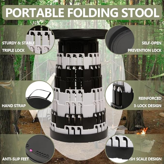 JAEMEYEM 2025 Collapsible Stool Chair, Upgraded Folding Stool for Adults Lightweight, Sturdy, Adjustable, Portable, Foldable Seat Sturdy Stools for Outdoor Camping Fishing Hiking Gardening BBQ