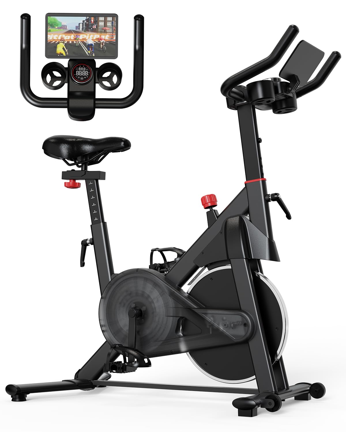 Superun Exercise Bike, Stationary Bikes for Home with Brake Pad, Low Noise Spin Bike with 300LBS Weight Capacity, Indoor Cycling for Home Gym with Pad Mount LCD Monitor and Cup Holder