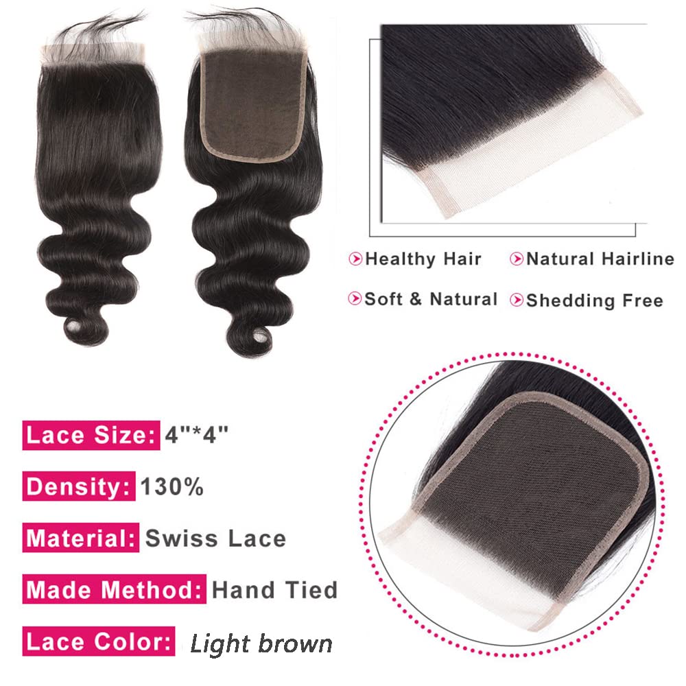 4X4 Closure Human Hair Brazilian Hair Short Transparent Lace Pre Plucked With Baby-Hair High Density Body Wave Bleached Knots Na