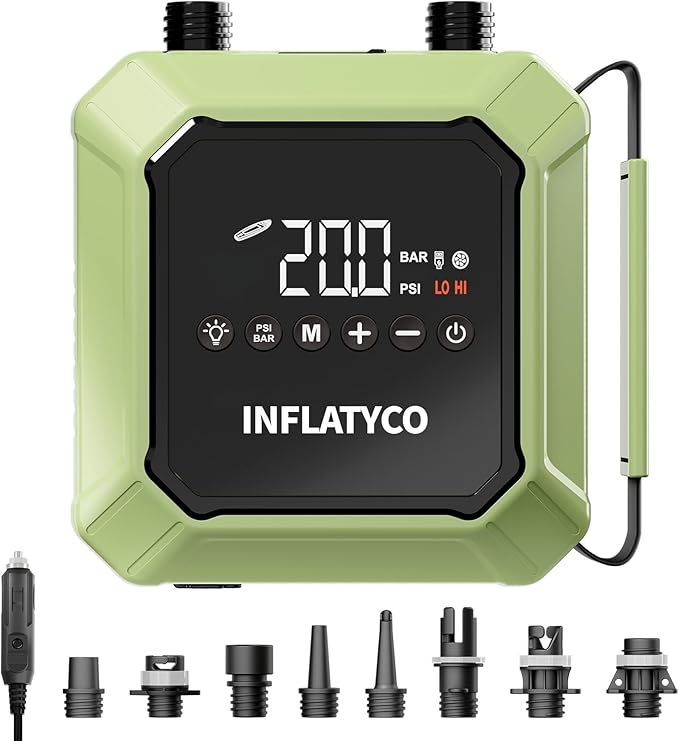 INFLATYCO 20PSI Paddle Board Pump Electric Portable Sup Air Pump-12V DC Car Plug Powered, Auto-Off, The Pilot Whale Mini I...