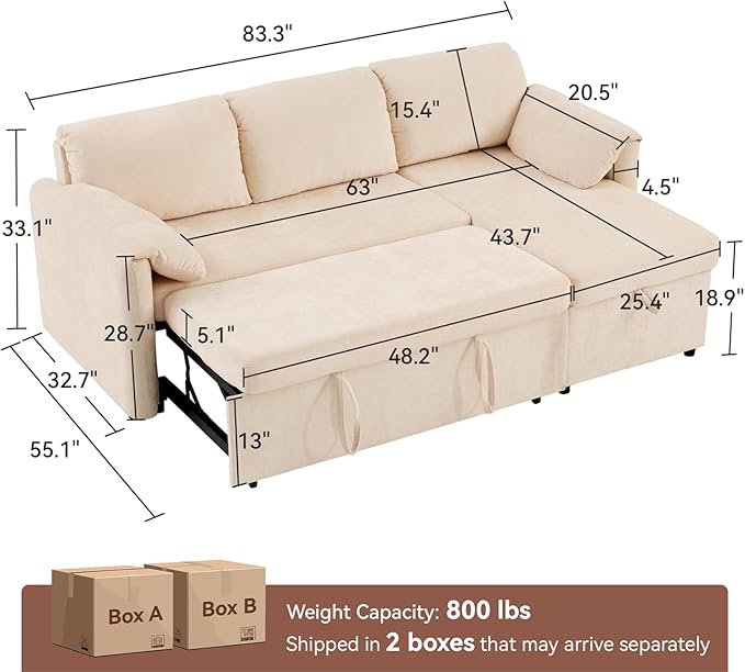 Tbfit 83'' 3 in 1 Sleeper Sofa Couch with USB & Storage Chaise, Cloud Sofa Bed with Pull Out Bed, Chenille Convertible Sleeper Sofas for Living Room, Small Spaces, Beige