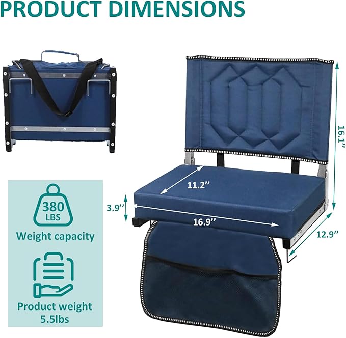 Comfortable Stadium Seats for Bleachers with Back Support & Cushioned Seat, Shoulder Strap, Carry Handle, and Storage Pockets, Perfect for Sports, Concerts, Camping & Outdoor Events, 1pack, Blue