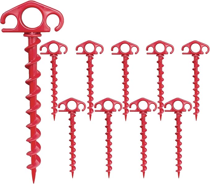 COBARYEN Tent Stakes Ground Anchors Screw in, 10 Pack Sand Stakes for Beach 9.4 Inch Heavy Duty Spiral Tent Pegs for Camping, Party, Hiking, Outdoor Decoration (10, Red)