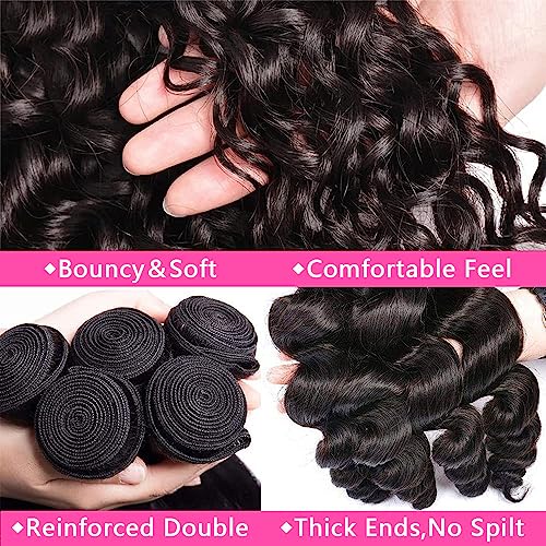 Loose Body Wave Bundles Human Hair with Frontal (14 16 18+12) 12A Grade 100% Body Wave Human Hair Extensions 13x4 Lace Frontal Human Hair 180% Density Natural Black