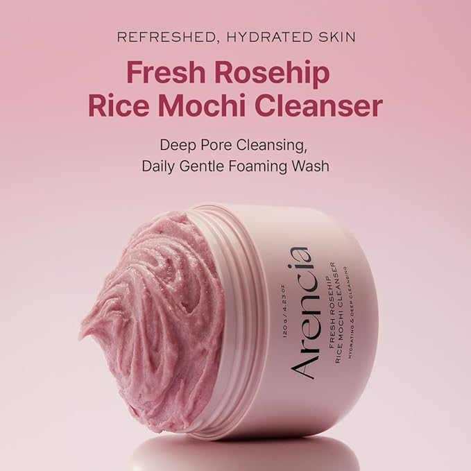 Arencia Rosehip Brightening Rice Mochi Face Cleanser & Daily Scrub - Moisturizing, Exfoliating & Deep-Cleansing - All Skin Types with Rice Powder & Rice Water (1.76oz)